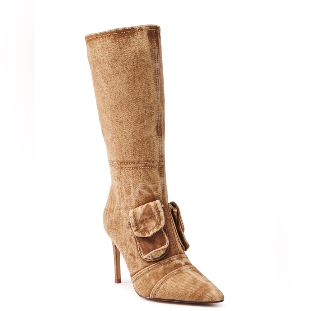 AZALEA WANG Tan Brown Washed Denim Cargo Boots